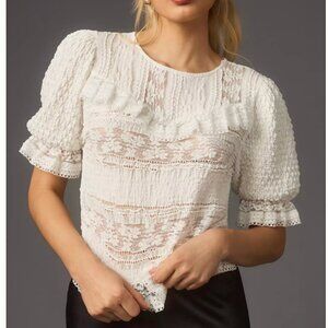 Anthropologie Puff-Sleeve White Lace Blouse S